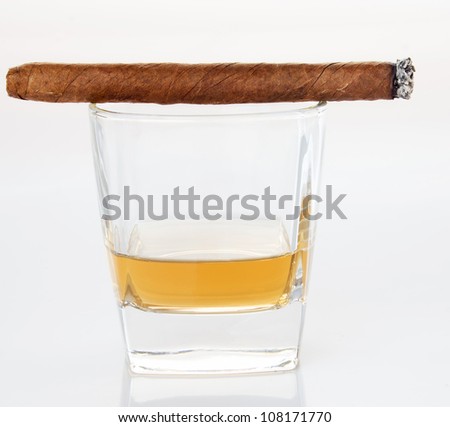 Whiskey with  and cigar, isolated on white background
