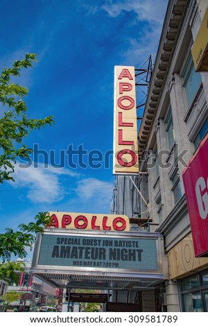 NEW YORK CITY - May 20: Sign outside of Apollo Theater on May, 2013 in Harlem, NYC. It\'s one of the oldest and most famous music halls and listed on the National Register of Historic Places.