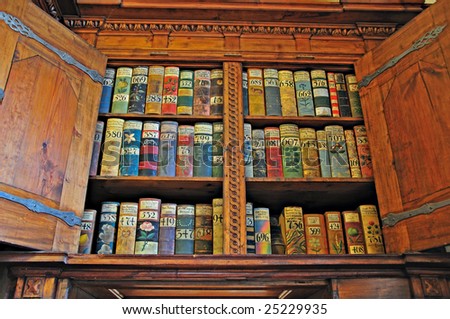 Old books on a medieval bookshelf in Prague Castle.