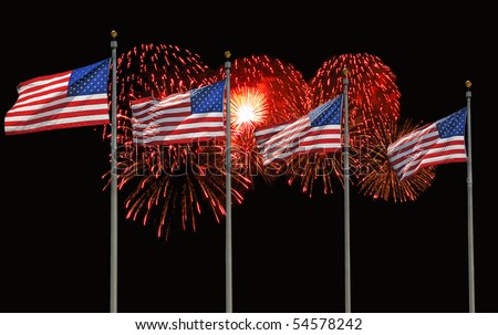 Ariel fireworks display behind four fluttering U.S. Flags.