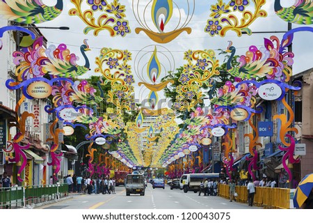 SINGAPORE - NOV 04 : Colorful Banners were hung in Little India to celebrate the Indian festival - Deepavali, popularly known as the \