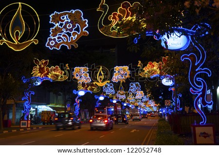 SINGAPORE - NOV 05 : Neon Light Banners were hung in Little India to celebrate the Indian festival - Deepavali, popularly known as the \
