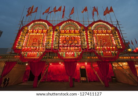 HONG KONG , CHINA - FEB. 04 : West Kowloon Bamboo Theatre on Feb 04 , 2013 in Hong Kong. This temporary theatre is made of bamboo and for traditional Chinese opera during the Chinese New Year.
