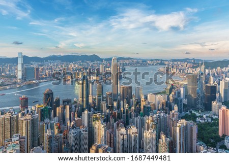 Skyline of Victoria harbor of Hong Kong city