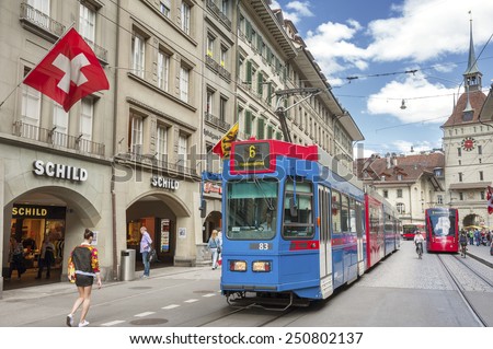 BERN, SWISS - MAY 24 : Streets in the old medieval city of Bern, Switzerland on May 24th, 2014. In 1983 the historic old town in the centre of Bern became a UNESCO World Heritage Site