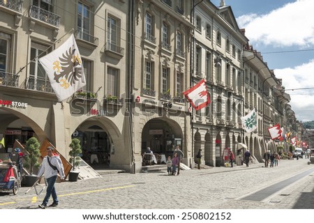 BERN, SWISS - MAY 24 : Streets in the old medieval city of Bern, Switzerland on May 24th, 2014. In 1983 the historic old town in the centre of Bern became a UNESCO World Heritage Site