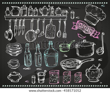 Vector graphics, artistic set of menu design, restaurant, cafe - kitchen utensils. Drawing with chalk on the black board. It can be used for design of advertising, menu shortcuts.