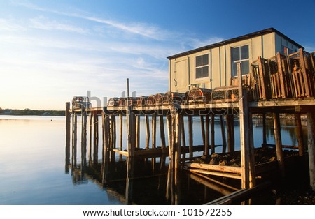 Wooden fishing pier with lobster traps, Lobster Village, Mount Desert Island, Maine