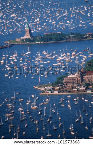 Statue of Liberty, Aerial View & Sailing Ships in Harbor, New York, New York