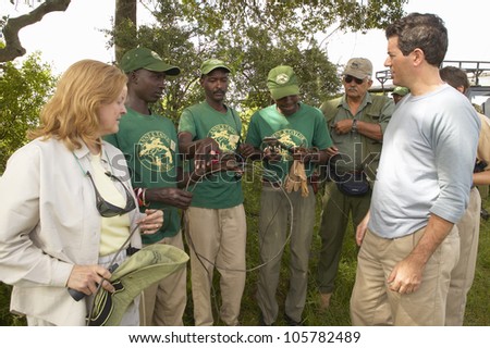 JANUARY 2005 - Wayne Pacelle CEO of Humane Society of United States checking anti-snaring patrol in Tsavo National Park, Kenya, Africa