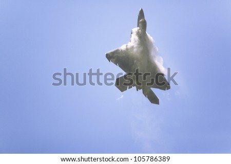 APRIL 2007 - US Air Force F-22A Raptor Jet Fighter making extreme turn at the 42nd Naval Base Ventura County (NBVC) Air Show at Point Mugu, Ventura County, Southern California.