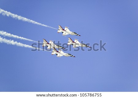 APRIL 2007 - Four US Air Force F-16C Fighting Falcons, flying in formation over the 42nd Naval Base Ventura County (NBVC) Air Show at Point Mugu, Ventura County, Southern California.