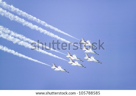 APRIL 2007 - Six US Air Force F-16C Fighting Falcons, flying in formation over the 42nd Naval Base Ventura County (NBVC) Air Show at Point Mugu, Ventura County, Southern California.
