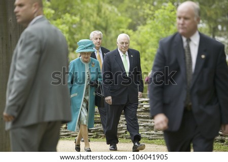Her Majesty Queen Elizabeth II and Vice President Dick Cheney visiting James Fort, Jamestown Settlement, Virginia on May 4, 2007.