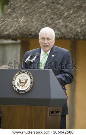 Vice President Dick Cheney speaking during ceremony at James Fort, Jamestown Settlement, Virginia on May 4, 2007, the 400th Anniversary of English establishment of 1607 Jamestown Colony, Virginia