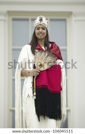 Miss Chickahomny American Indian and descendant of Powhatan Indian Tribe posing in front of State Capitol in Richmond Virginia during 400th Anniversary of Jamestown Settlement, May 3, 2007