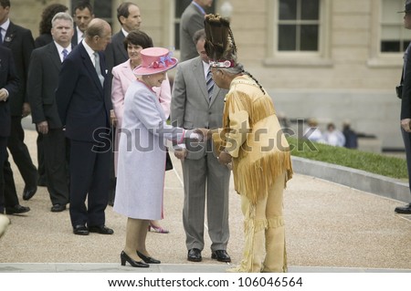 Her Majesty Queen Elizabeth II, Prince Philip and Virginia Governor Timothy M. Kaine meeting Powhatan Tribal Member in front of Virginia State Capitol, Richmond Virginia, May 3, 2007