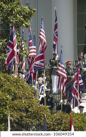 Display of British Union Jack Flag and American Flags in front of the White House, as part of the Official Welcoming of Her Majesty Queen Elizabeth II and  Prince Philip Duke of Edinburgh, May 7, 2007
