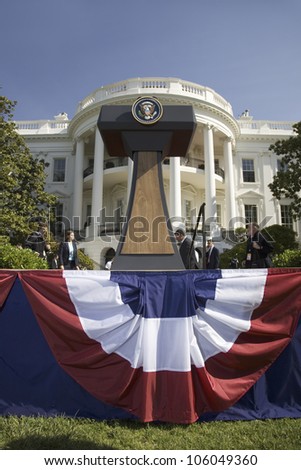 Presidential Seal on podium in front of the South Portico of the White House, the Truman Balcony, in Washington, DC on May 7, 2007