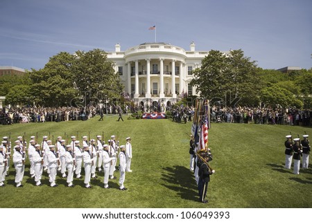 Military branches displaying flag colors on the South Lawn of the White House for the May 7, 2007 Official Welcoming of Her Majesty Queen Elizabeth II and Prince Philip to Washington, DC and America