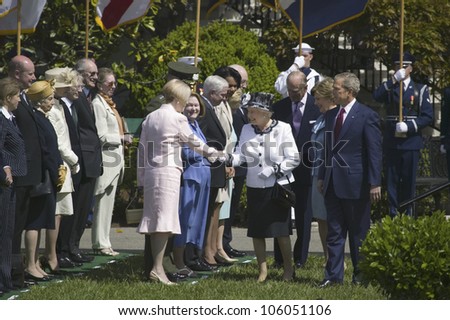 President George W. Bush and Queen Elizabeth II shaking hands of Vice President Dick Cheney, Defense Secretary Gates and Secretary of State Rice May 7, 2007, Washington DC