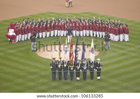 Opening Day Ceremonies featuring military color guard and boys choiron March 31, 2008, Citizen Bank Park where 44,553 attend as the Washington Nationals defeat the Philadelphia Phillies 11 to 6.
