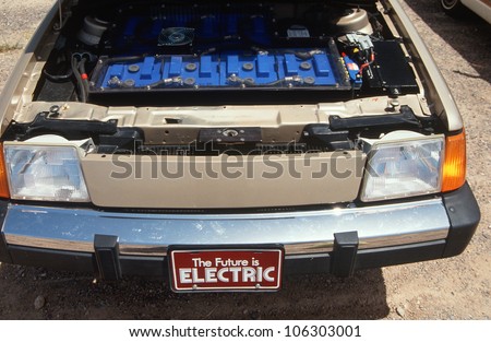 CIRCA 1992 - Under the hood of an electric battery powered car at the Solar and Electric 500 in Phoenix, Arizona