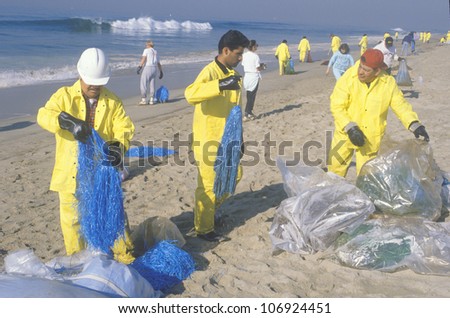 CIRCA 1990 - Teams of environmental workers organizing cleanup efforts of the oils spill in Huntington Beach, California