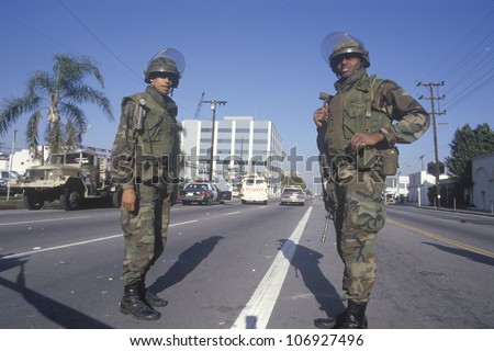 Two National Guard members in riot gear on the streets of Los Angeles after the earthquake of January 17, 1994