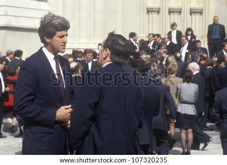 Senator John Kerry attends a memorial service for Paul Tully at the National Cathedral 1992, Washington, DC