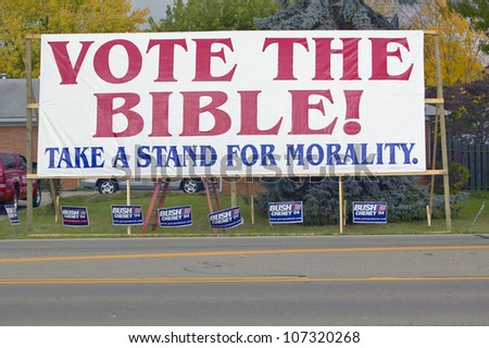 Vote The Bible election 2004 campaign sign in a rural southern Ohio neighborhood