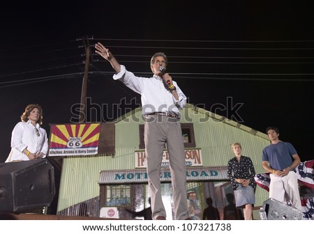 AUGUST 2004 - Senator John Kerry, Kerry family, speaking from stage at outdoor Kerry Campaign rally, Kingman, AZ
