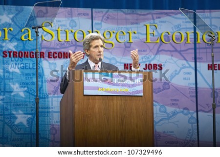 AUGUST 2004 - Senator John Kerry at podium of major policy address on the economy, CSU- Dominguez Hills, Los Angeles, CA