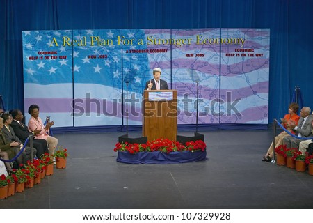AUGUST 2004 - Senator John Kerry at podium of major policy address on the economy, CSU- Dominguez Hills, Los Angeles, CA