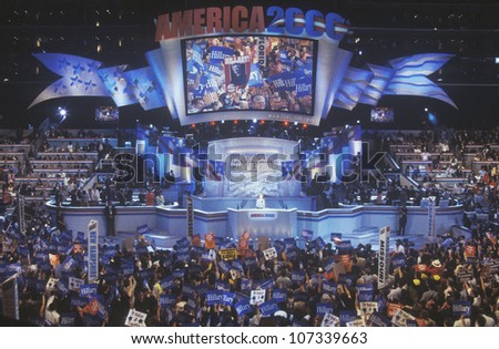 Former First Lady Hillary Rodham Clinton, the candidate for New York Senate, at the 2000 Democratic Convention at the Staples Center, Los Angeles, CA