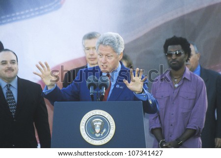 Former President Bill Clinton speaks at a Presidential rally for Gore/Lieberman on November 2nd of 2000 in Baldwin Hills, California