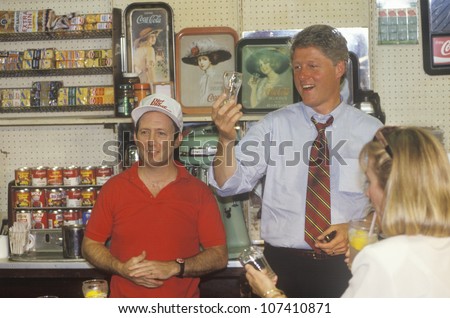Governor Bill Clinton and wife Hillary meet the town's people at Dee's Restaurant on the 1992 Buscapade campaign tour in Corsicana, Texas