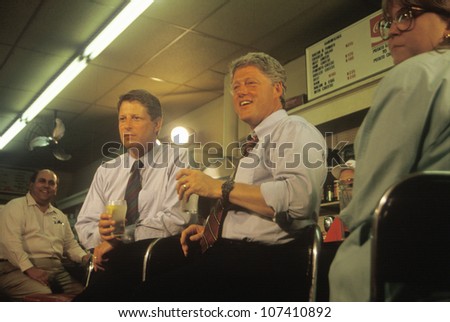 Governor Bill Clinton and Senator Al Gore meet the town\'s people at Dee\'s Restaurant on the 1992 Buscapade campaign tour in Corsicana, Texas