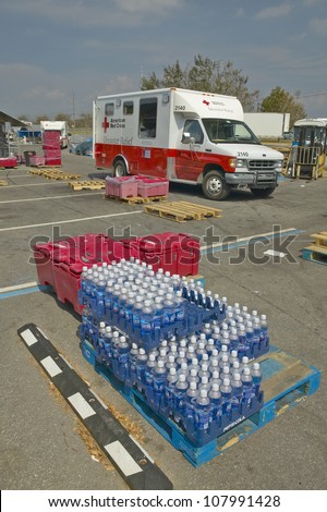 Water bottles in front of Red Cross truck in Pensacola Florida after Hurricane Ivan