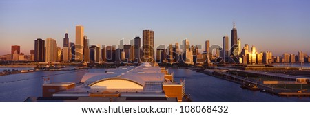 Panoramic view of Navy Pier and Chicago skyline at sunrise, Chicago, Illinois