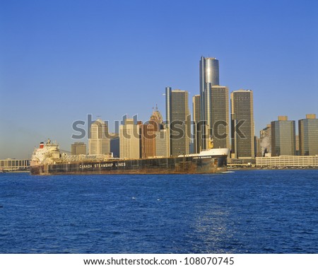 The Renaissance Center in downtown Detroit and Canadian Steamship, Michigan