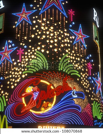 Neon lights of Splash Casino and Hotel at night, Las Vegas, Nevada