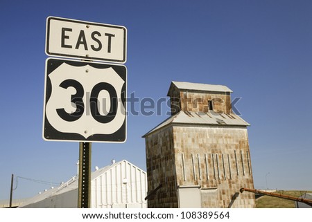 Grain silo and road sign for Lincoln Highway, US 30, Nebraska