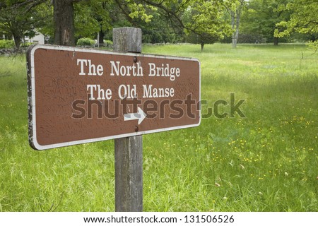 Sign points to The Old North Bridge and The Old Manse, outside of Lexington, MA