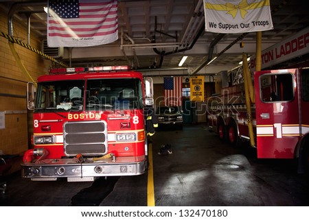 BOSTON - MAY 11: Interior view of Ladder No 1, Engine No 8, Firestation in historic North End on May 11, 2012 in the Italian section of Boston, MA