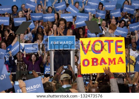 LAS VEGAS - OCTOBER 26: First Lady Michelle Obama speaks at President Obama`s campaign rally on October 26, 2012 at Orr Middle School in Las Vegas, Nevada.