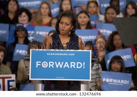 LAS VEGAS - OCTOBER 26: Michelle Obama speaks at President Obama`s campaign rally on October 26, 2012 at Orr Middle School in Las Vegas, Nevada.