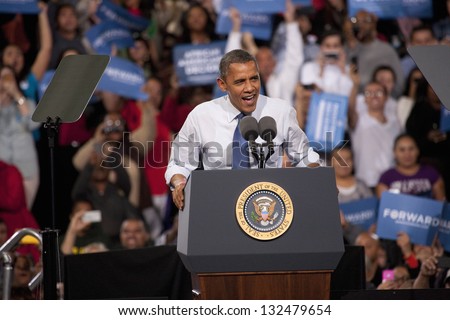 LAS VEGAS - OCTOBER 24: Barack Obama giving a speech at a campaign rally at Doolittle Park on October 24, 2012 in Las Vegas, Nevada