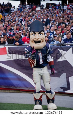 BOSTON - OCTOBER 16: Pat Patriot Mascot for the New England Patriots NFL Football Team at Gillette Stadium, New England Patriots vs. the Dallas Cowboys on October 16, 2011 in Foxborough, Boston, MA