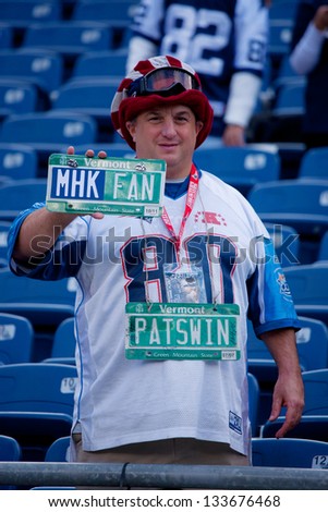 BOSTON - OCTOBER 16: New England Patriots NFL Football fan showing license plate at Gillette Stadium on October 16, 2011 in Foxborough, Boston, MA